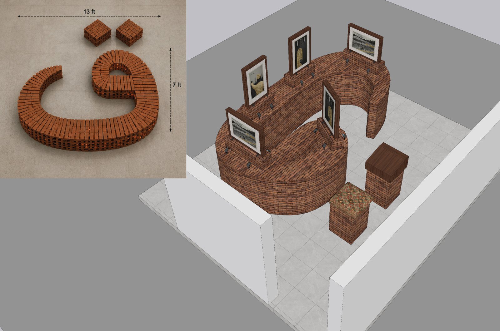 Installation design for Zarrēn Payaam-e-Urdu: a brick structure in the shape of the Urdu letter Qaaf with framed artworks along its top